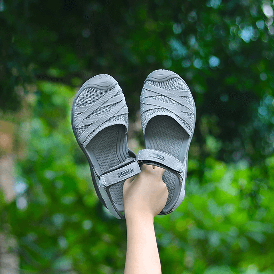 Stylish grey closed toe women's sandals with flat heels, perfect for casual wear, featuring comfortable EVA insole and hook & loop closure.